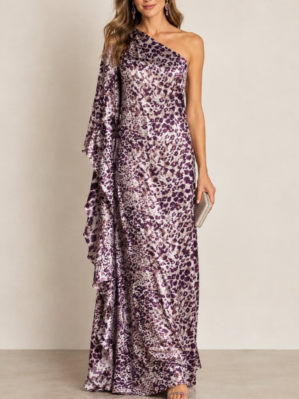 Badgley Mischka One-Shoulder Silk Purple Leopard Print Maxi Dress – Size M